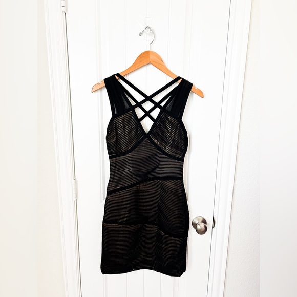 BCBGMAXAZRIA Strappy Bodycon Black and Gold Dress 6 - Picture 1 of 2